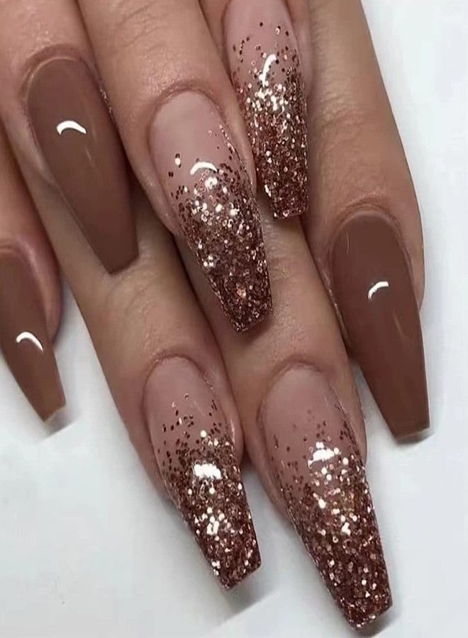 SINHOT Coffin Press on Nails Medium Ballerina Glossy Glue on Nails Brown Gradient Acrylic False Nails Designs 24 pcs - Image 1